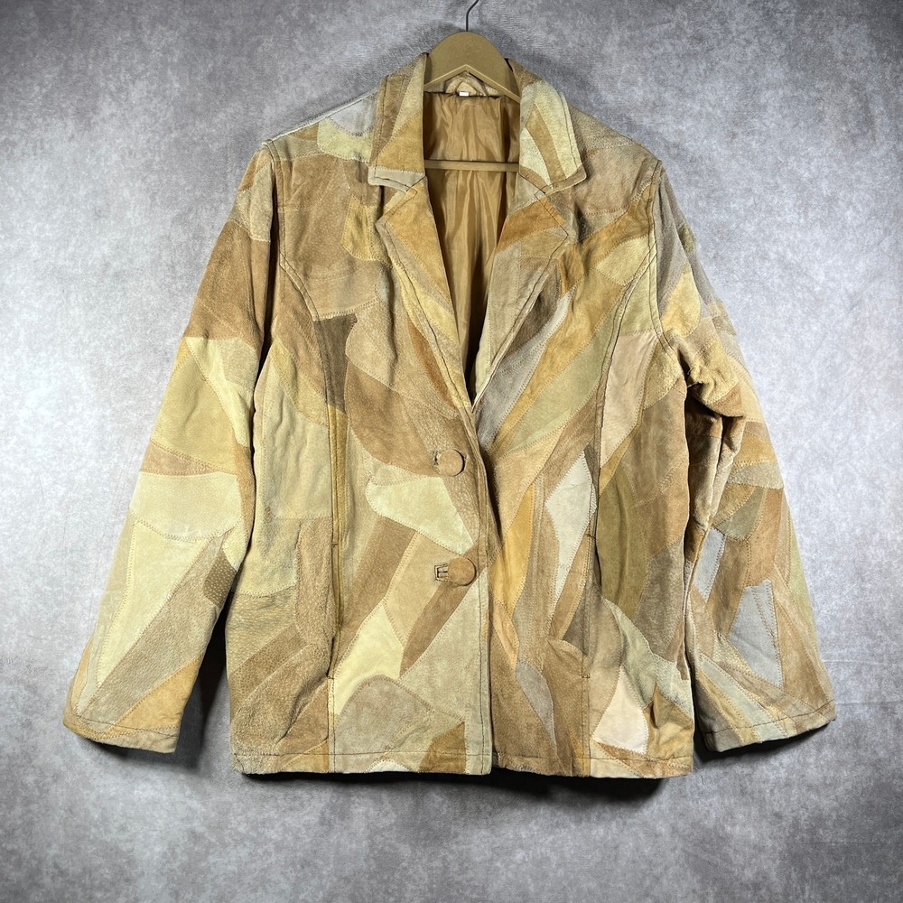 Vintage Genuine Leather Patchwork Jacket Womens 2X Beige‎ Boho Western Cowgirl